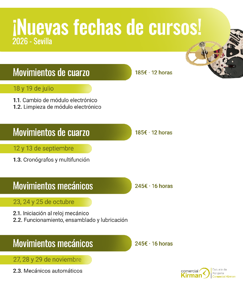 Calendario Cursos Relojería Julio-Noviembre 2026